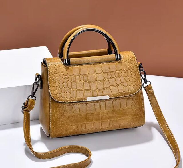 Tan Croc-Embossed Synthetic Leather Handbag